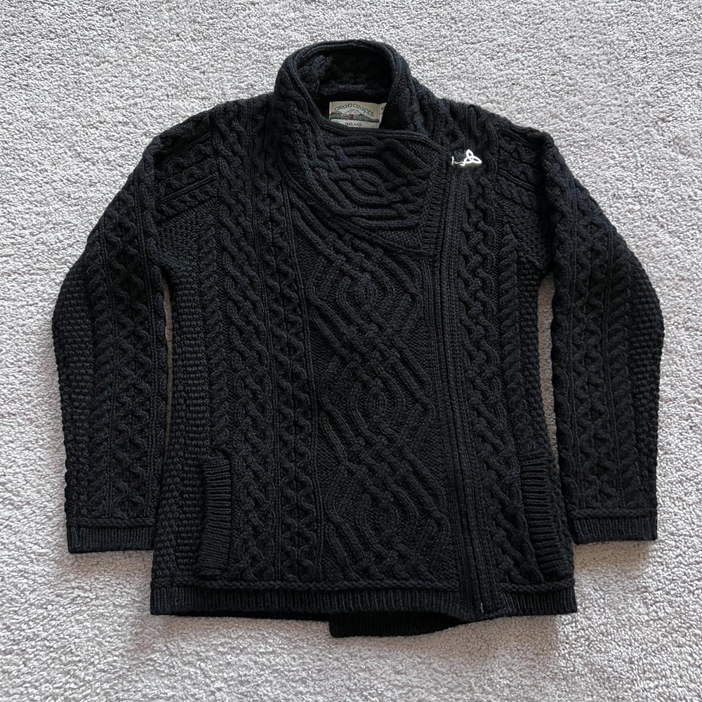 Aran Crafts Merino Wool Celtic Knot Side Zip Cardigan Sweater Womens S Black